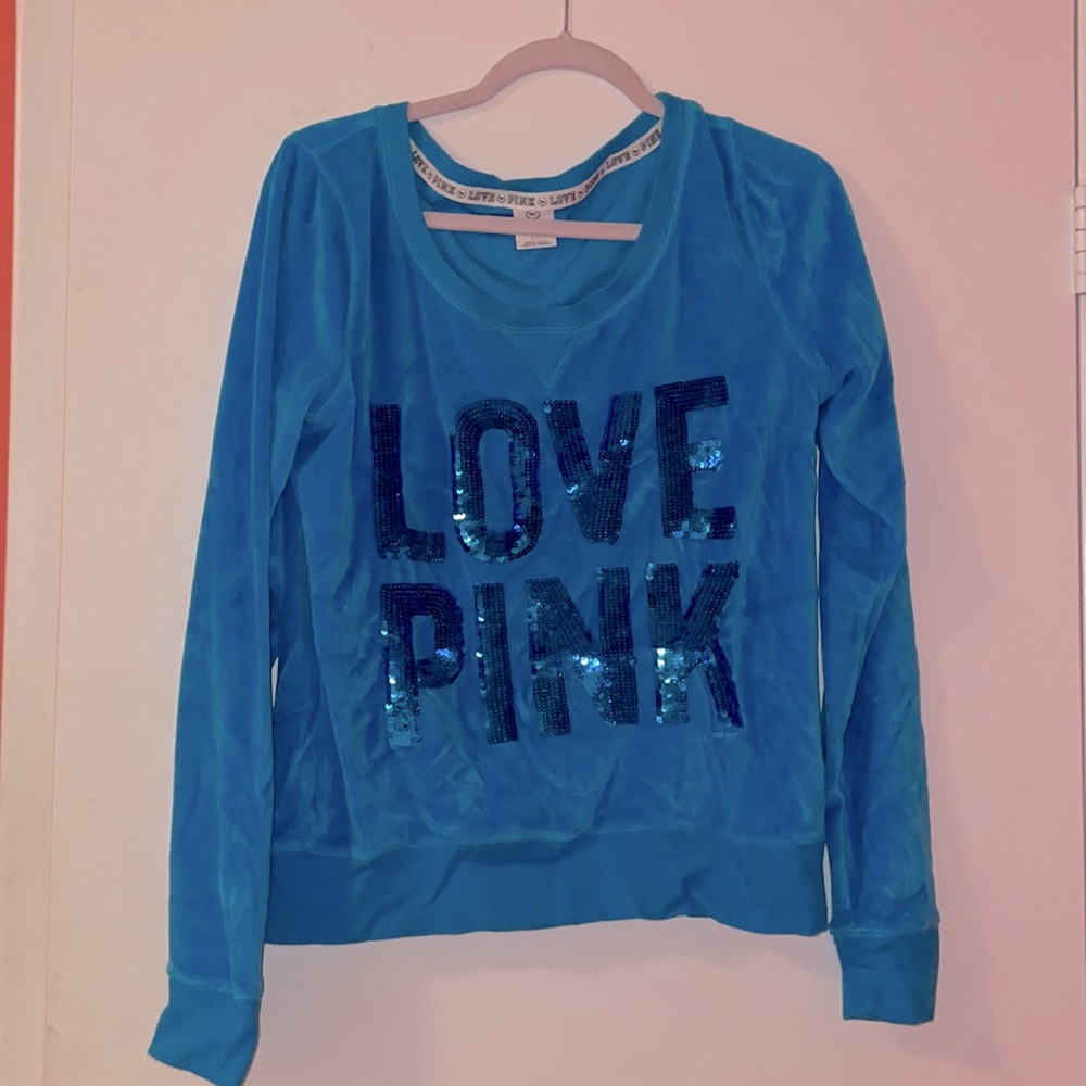 PINK Victoria's Secret Teal Blue Sequin "LOVE PINK" Crewneck Sweatshirt